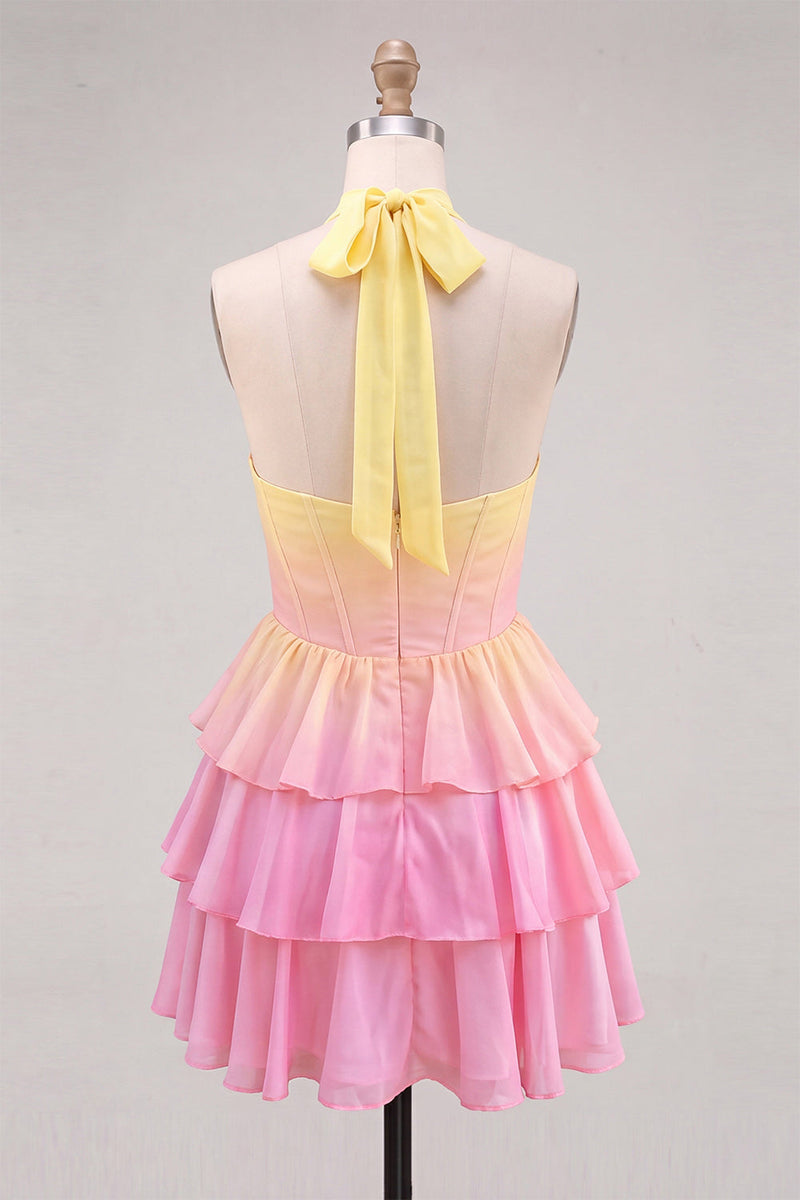 Load image into Gallery viewer, Yellow and Pink Ruffled Halter A Line Short Corset Cocktail Dress
