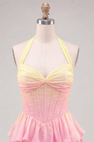 Load image into Gallery viewer, Yellow and Pink Ruffled Halter A Line Short Corset Cocktail Dress