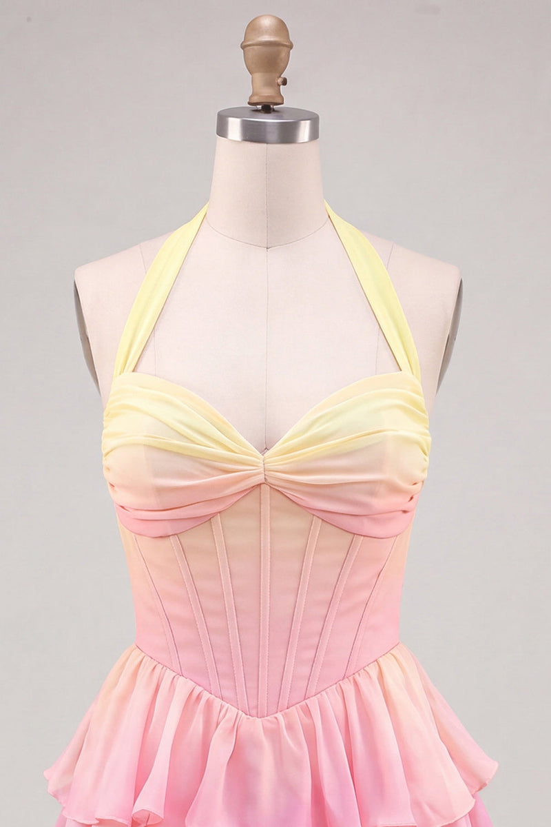 Load image into Gallery viewer, Yellow and Pink Ruffled Halter A Line Short Corset Cocktail Dress