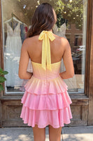 Load image into Gallery viewer, Yellow and Pink Ruffled Halter A Line Short Corset Cocktail Dress