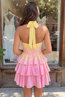 Yellow and Pink Ruffled Halter A Line Short Corset Cocktail Dress