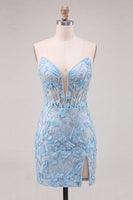Load image into Gallery viewer, Floral Sky Blue Lace Tight Short Corset Cocktail Dress with Slit