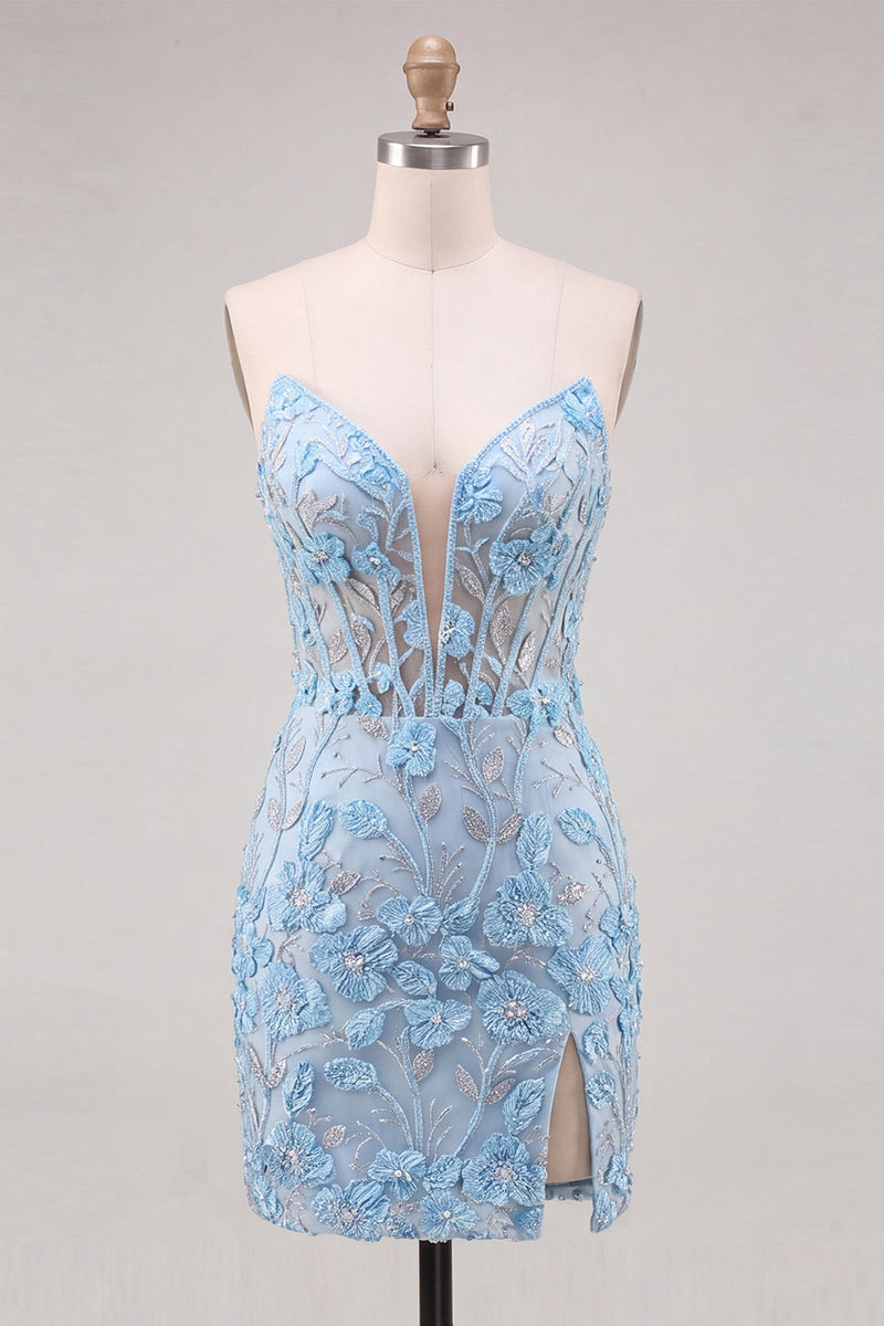 Load image into Gallery viewer, Floral Sky Blue Lace Tight Short Corset Cocktail Dress with Slit