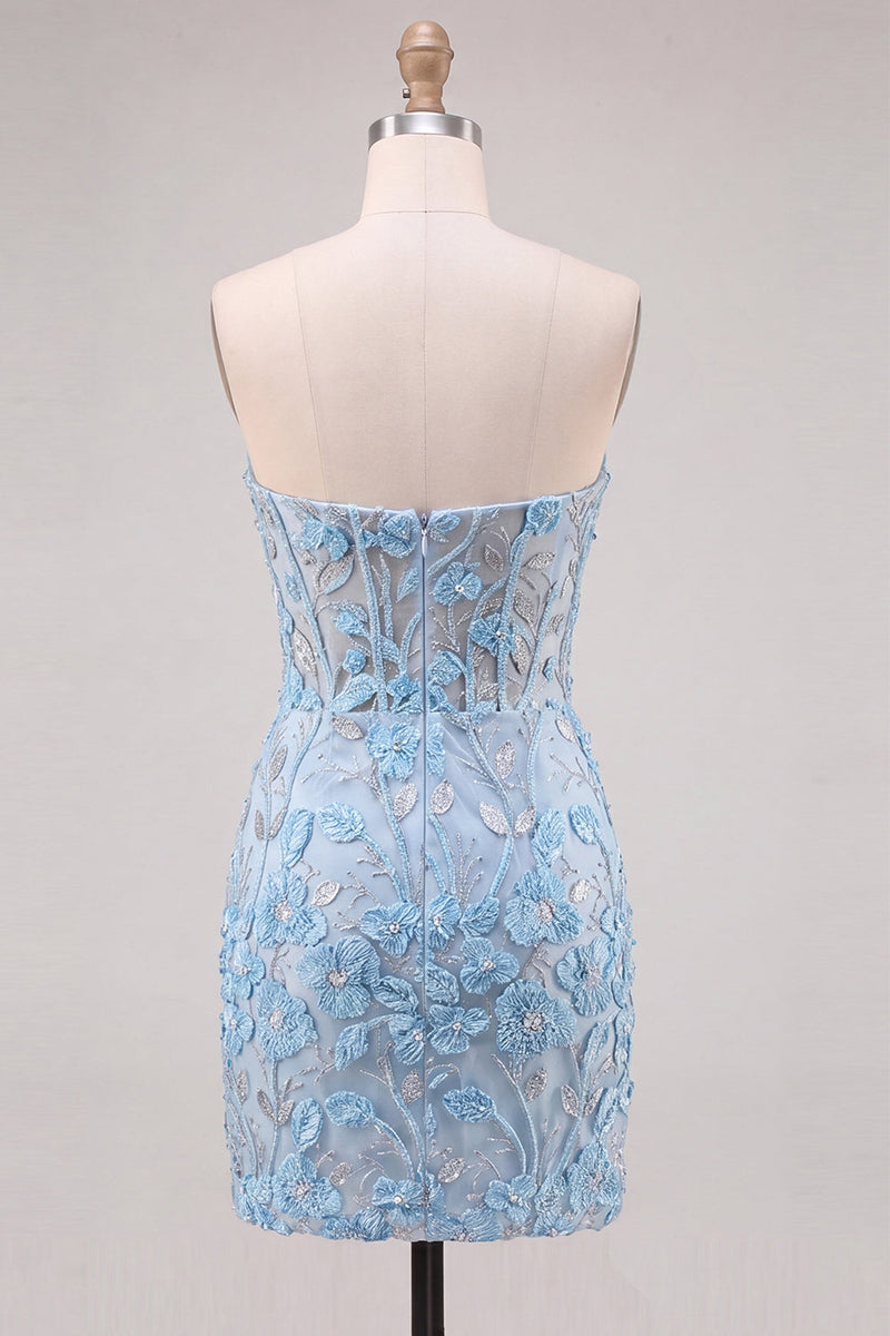 Load image into Gallery viewer, Floral Sky Blue Lace Tight Short Corset Cocktail Dress with Slit