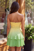 Load image into Gallery viewer, Yellow and Pink Strapless Ruffled Chiffon Short Cocktail Dress