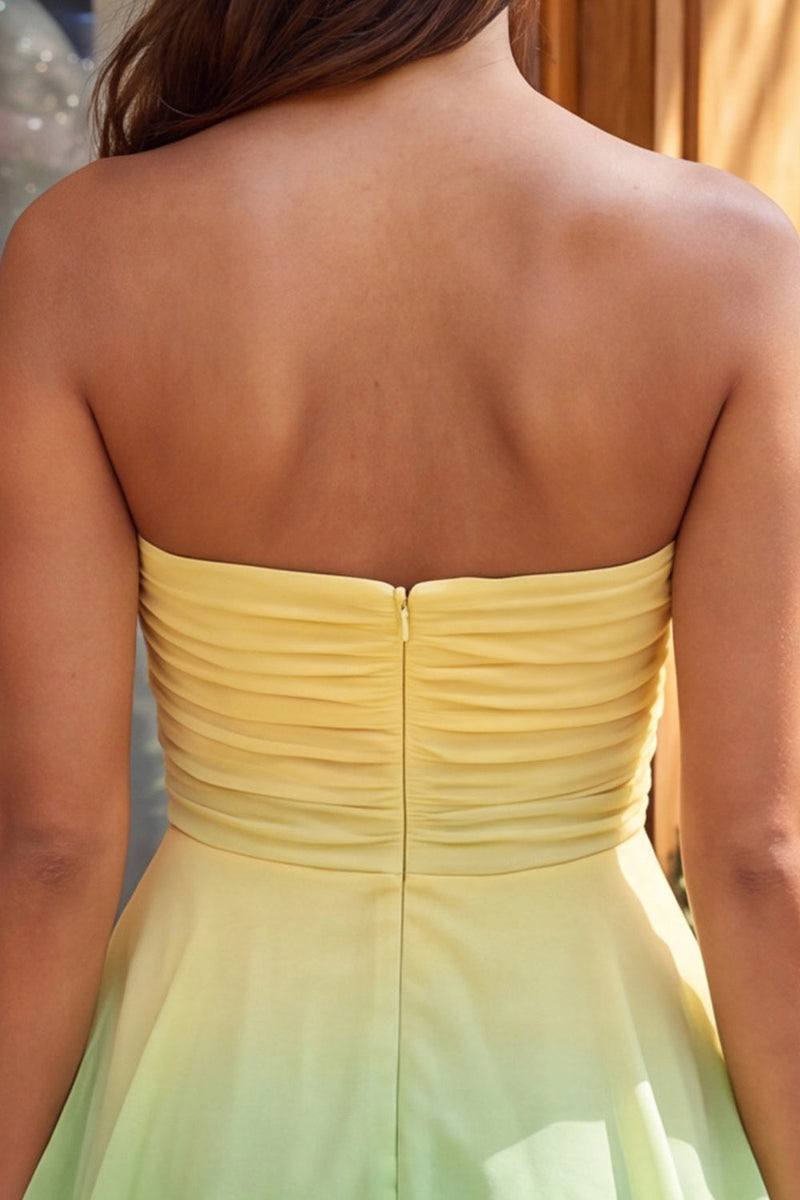 Load image into Gallery viewer, Yellow and Pink Strapless Ruffled Chiffon Short Cocktail Dress