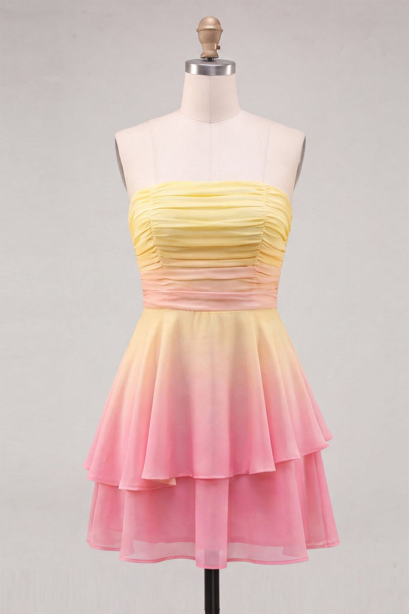 Load image into Gallery viewer, Yellow and Pink Strapless Ruffled Chiffon Short Cocktail Dress