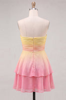 Load image into Gallery viewer, Yellow and Pink Strapless Ruffled Chiffon Short Cocktail Dress
