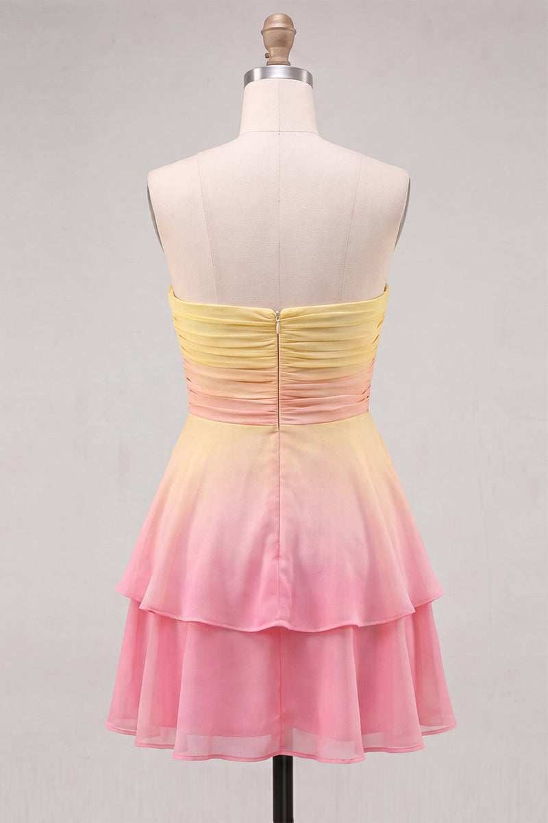Load image into Gallery viewer, Yellow and Pink Strapless Ruffled Chiffon Short Cocktail Dress
