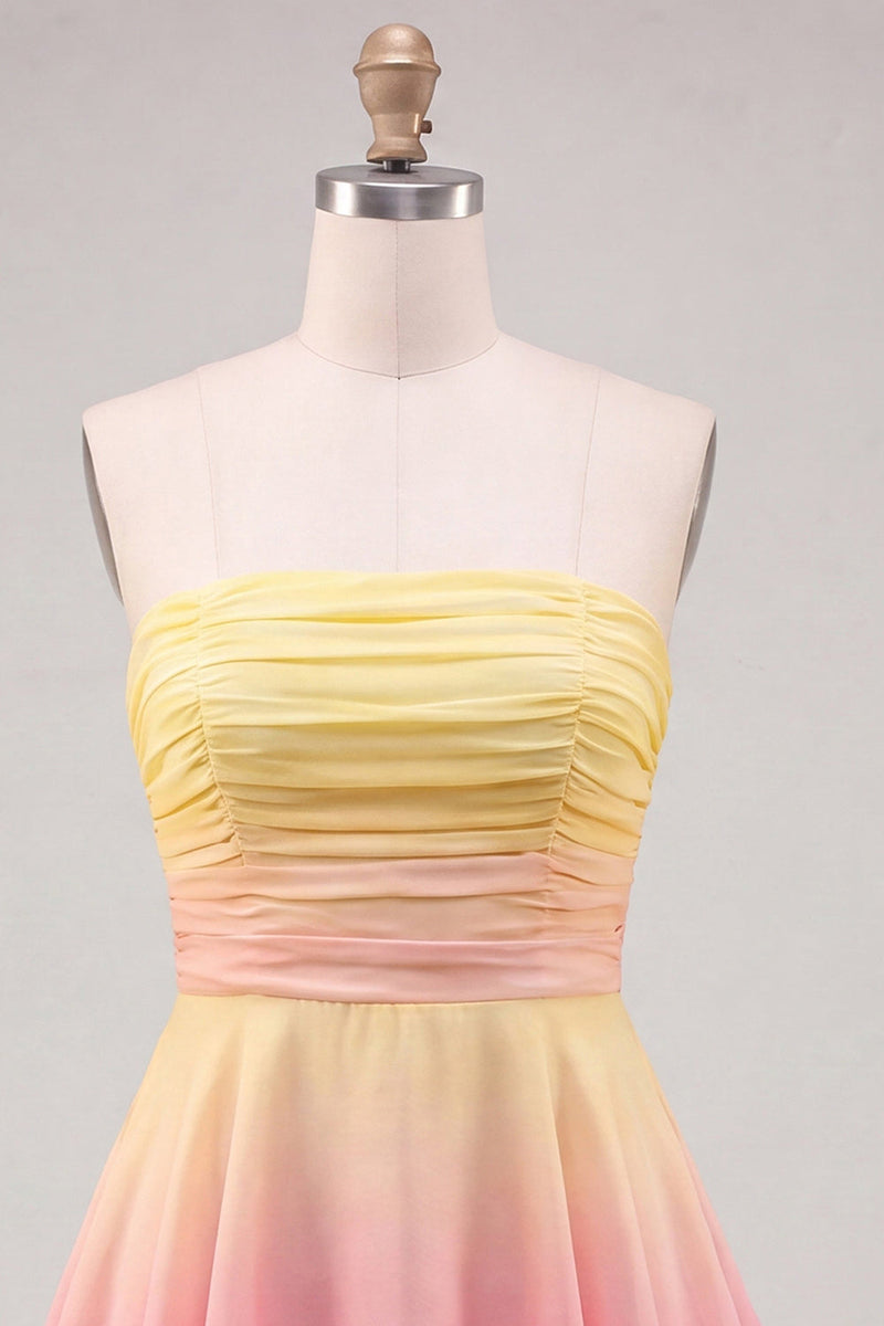 Load image into Gallery viewer, Yellow and Pink Strapless Ruffled Chiffon Short Cocktail Dress