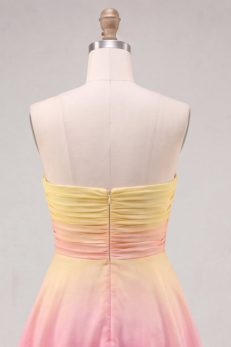 Load image into Gallery viewer, Yellow and Pink Strapless Ruffled Chiffon Short Cocktail Dress