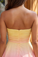 Load image into Gallery viewer, Yellow and Pink Strapless Ruffled Chiffon Short Cocktail Dress