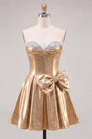 Load image into Gallery viewer, Sparkly Metallic Gold A Line Short Beaded Cocktail Dress with Bow