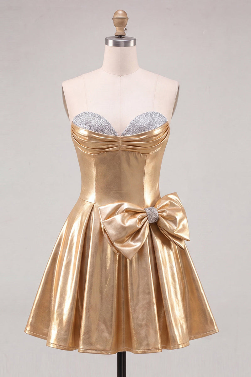 Load image into Gallery viewer, Sparkly Metallic Gold A Line Short Beaded Cocktail Dress with Bow