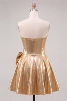 Load image into Gallery viewer, Sparkly Metallic Gold A Line Short Beaded Cocktail Dress with Bow