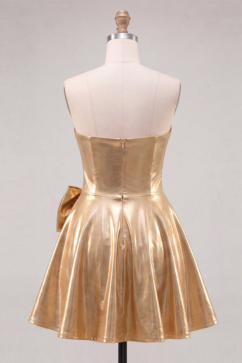 Load image into Gallery viewer, Sparkly Metallic Gold A Line Short Beaded Cocktail Dress with Bow