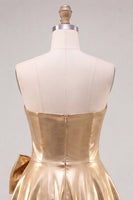 Load image into Gallery viewer, Sparkly Metallic Gold A Line Short Beaded Cocktail Dress with Bow