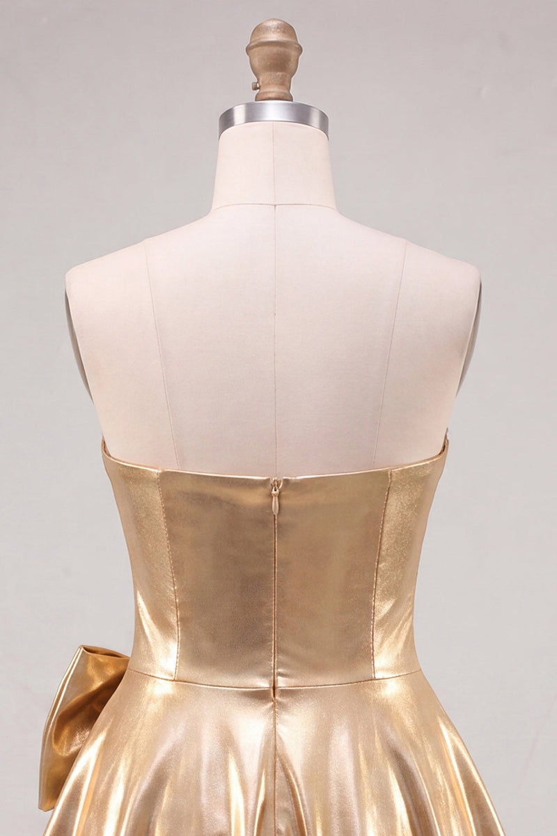Load image into Gallery viewer, Sparkly Metallic Gold A Line Short Beaded Cocktail Dress with Bow
