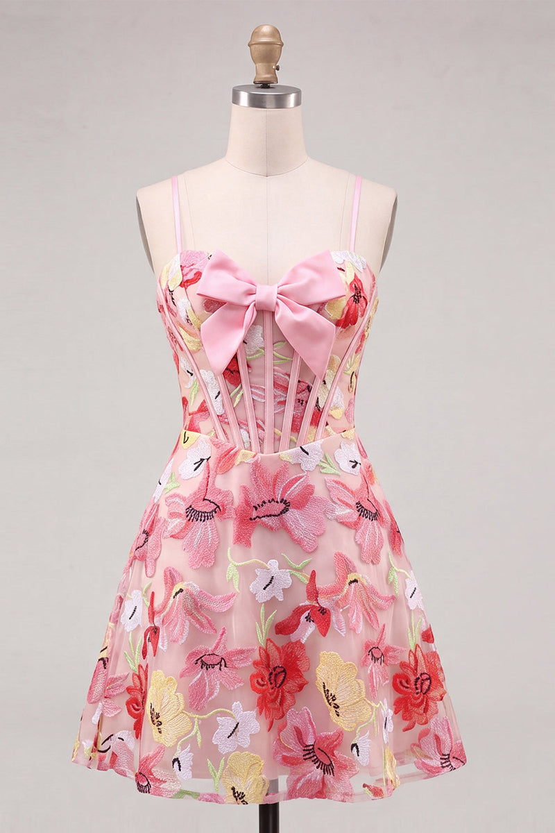 Load image into Gallery viewer, Floral Pink Corset A Line Short Cocktail Dress with Bow