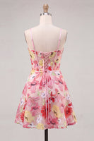 Load image into Gallery viewer, Floral Pink Corset A Line Short Cocktail Dress with Bow