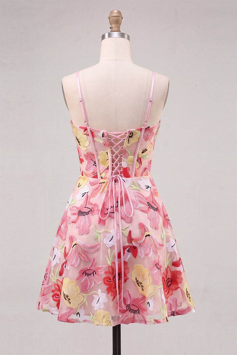 Load image into Gallery viewer, Floral Pink Corset A Line Short Cocktail Dress with Bow