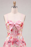 Load image into Gallery viewer, Floral Pink Corset A Line Short Cocktail Dress with Bow