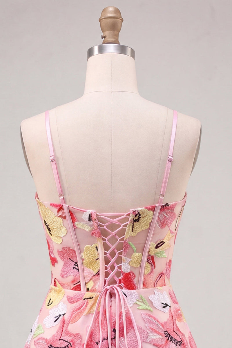 Load image into Gallery viewer, Floral Pink Corset A Line Short Cocktail Dress with Bow