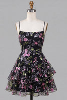 Load image into Gallery viewer, Black Floral A Line Ruffled Tiered Short Cocktail Dress
