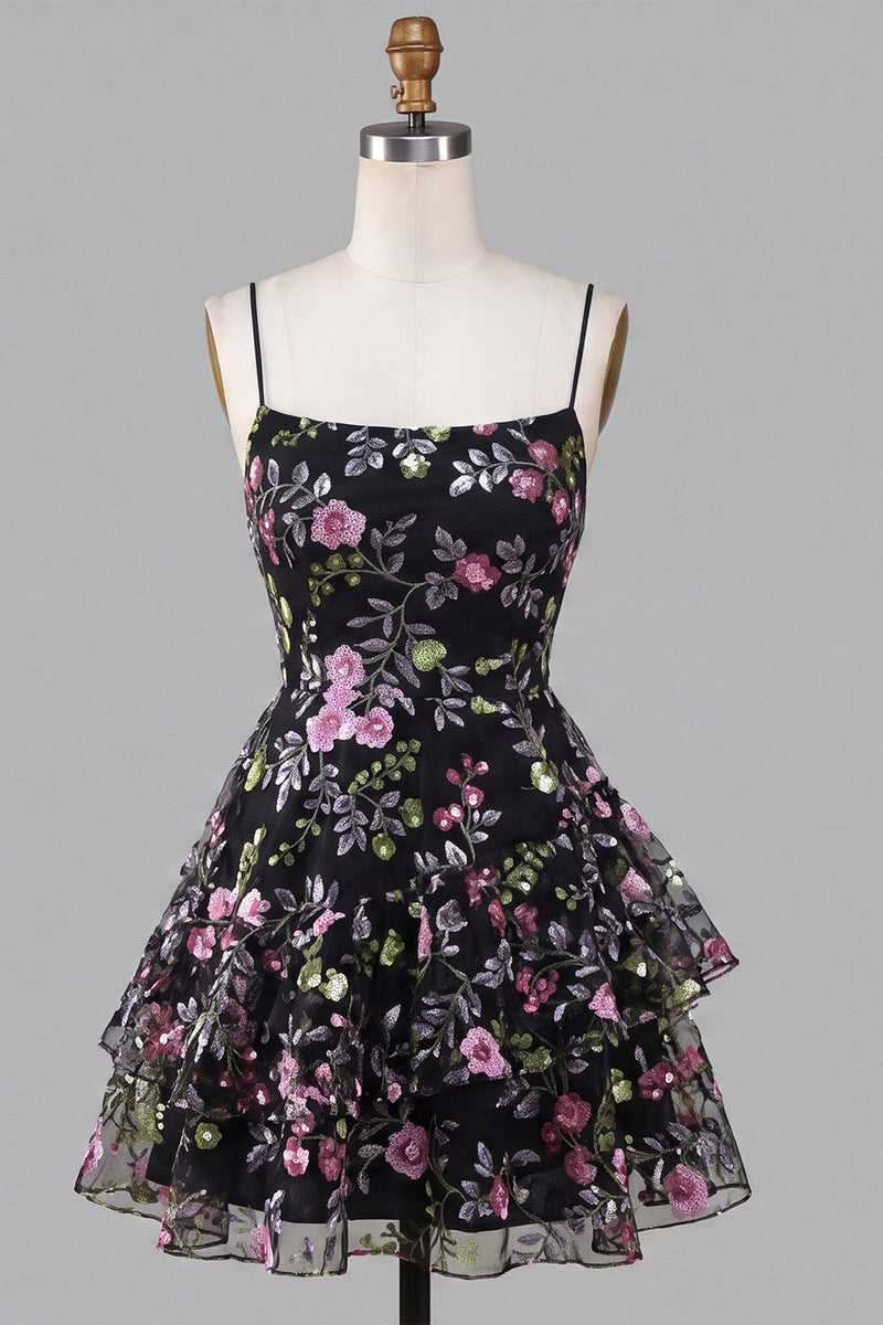 Load image into Gallery viewer, Black Floral A Line Ruffled Tiered Short Cocktail Dress