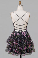 Load image into Gallery viewer, Black Floral A Line Ruffled Tiered Short Cocktail Dress