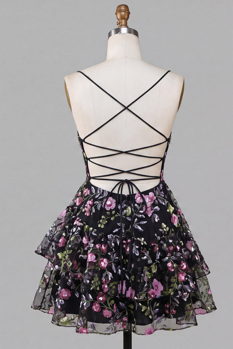 Load image into Gallery viewer, Black Floral A Line Ruffled Tiered Short Cocktail Dress