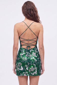 Dark Green Sparkly Floral Tight Beaded Short Cocktail Dress