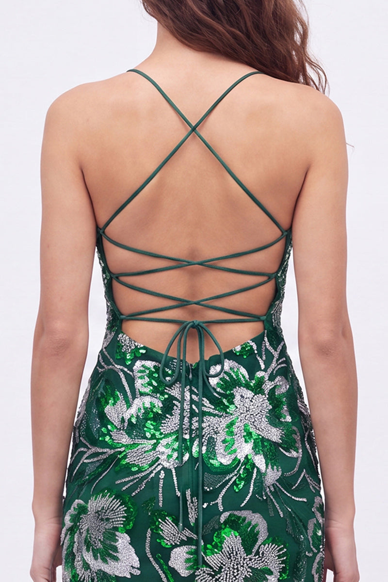 Load image into Gallery viewer, Dark Green Sparkly Floral Tight Beaded Short Cocktail Dress