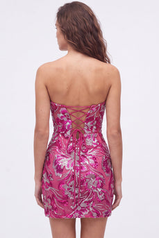 Fuchsia Floral Sweetheart Sparkly Short Tight Cocktail Dress with Sequins