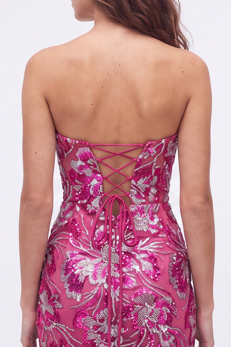 Load image into Gallery viewer, Fuchsia Floral Sweetheart Sparkly Short Tight Cocktail Dress with Sequins