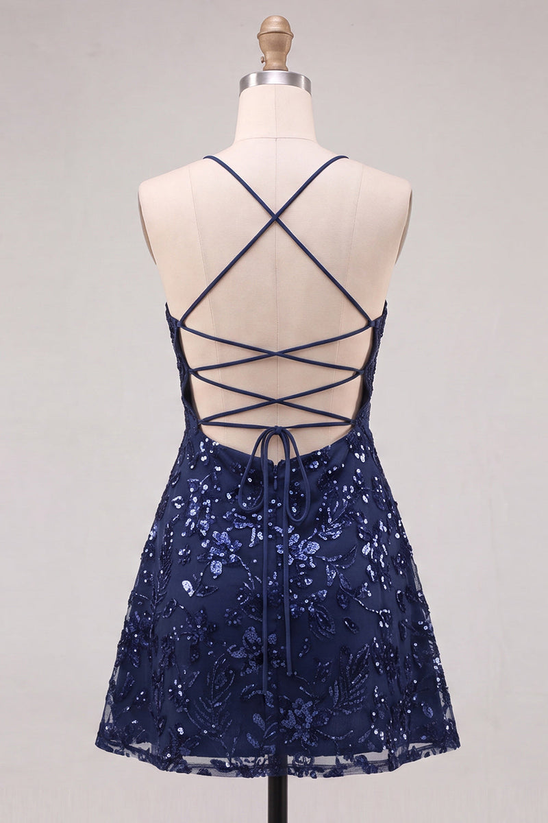 Load image into Gallery viewer, Pink Sparkly A Line Floral Short Cocktail Dress with Sequins