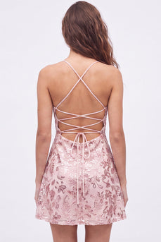 Pink Sparkly A Line Floral Short Cocktail Dress with Sequins