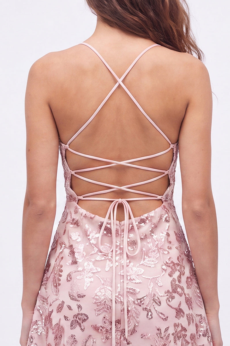 Load image into Gallery viewer, Pink Sparkly A Line Floral Short Cocktail Dress with Sequins
