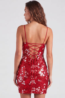 Floral Red Tight Sparkly Short Sequins Cocktail Dress