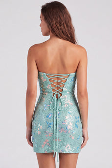 Mint Green Tight Sparkly Strapless Sequins Mini Cocktail Dress with Slit