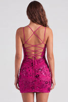 Load image into Gallery viewer, Pink Floral Sparkly Spaghetti Straps Beaded Short Cocktail Dress