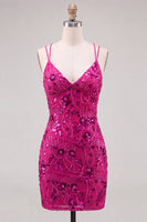 Load image into Gallery viewer, Pink Floral Sparkly Spaghetti Straps Beaded Short Cocktail Dress
