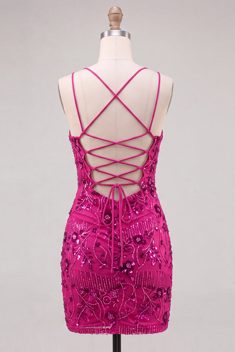 Load image into Gallery viewer, Pink Floral Sparkly Spaghetti Straps Beaded Short Cocktail Dress