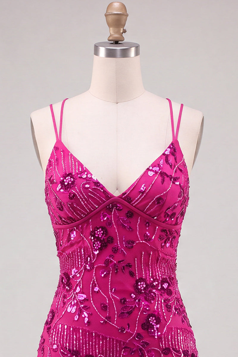 Load image into Gallery viewer, Pink Floral Sparkly Spaghetti Straps Beaded Short Cocktail Dress