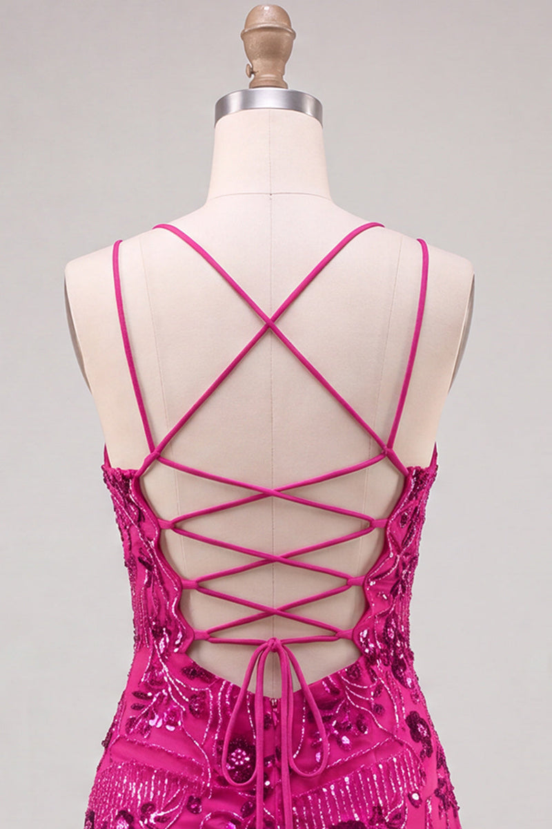 Load image into Gallery viewer, Pink Floral Sparkly Spaghetti Straps Beaded Short Cocktail Dress