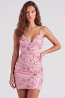 Load image into Gallery viewer, Pink Floral Sparkly Spaghetti Straps Beaded Short Cocktail Dress