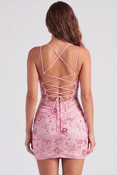 Pink Floral Sparkly Spaghetti Straps Beaded Short Cocktail Dress