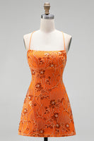 Load image into Gallery viewer, Orange Beaded Sparkly Spaghetti Straps Floral Short Cocktail Dress