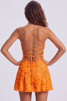 Load image into Gallery viewer, Orange Beaded Sparkly Spaghetti Straps Floral Short Cocktail Dress