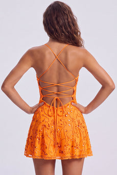 Orange Beaded Sparkly Spaghetti Straps Floral Short Cocktail Dress